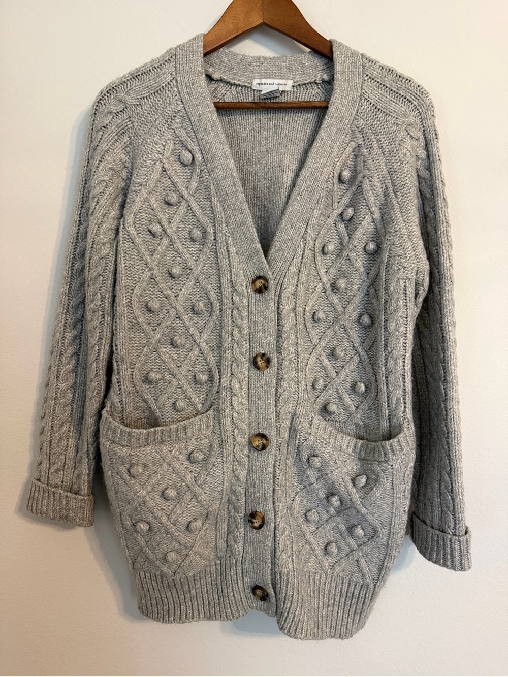 cupcakes & cashmere Light Gray Cable-Knit Bobble Cardigan with Pockets